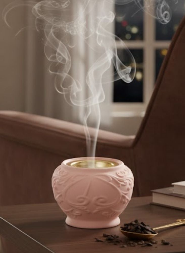 Premium Pink Embossed Ceramic Bakhoor Burner with Gold Interior – 1 Pc Decorative Incense Burner for Home - Image 2